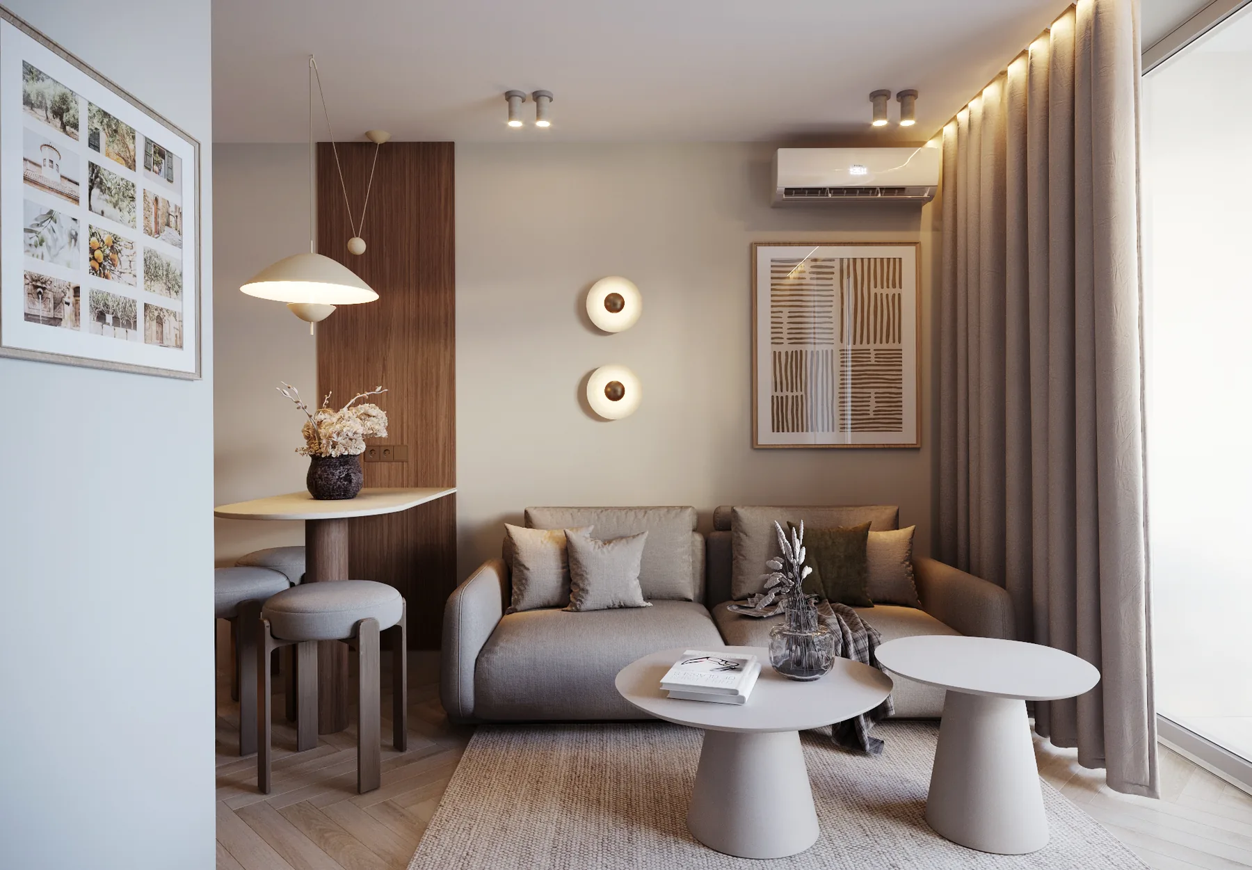 Salon z zieloną sofą — wizualizacja projektu KMN Studio